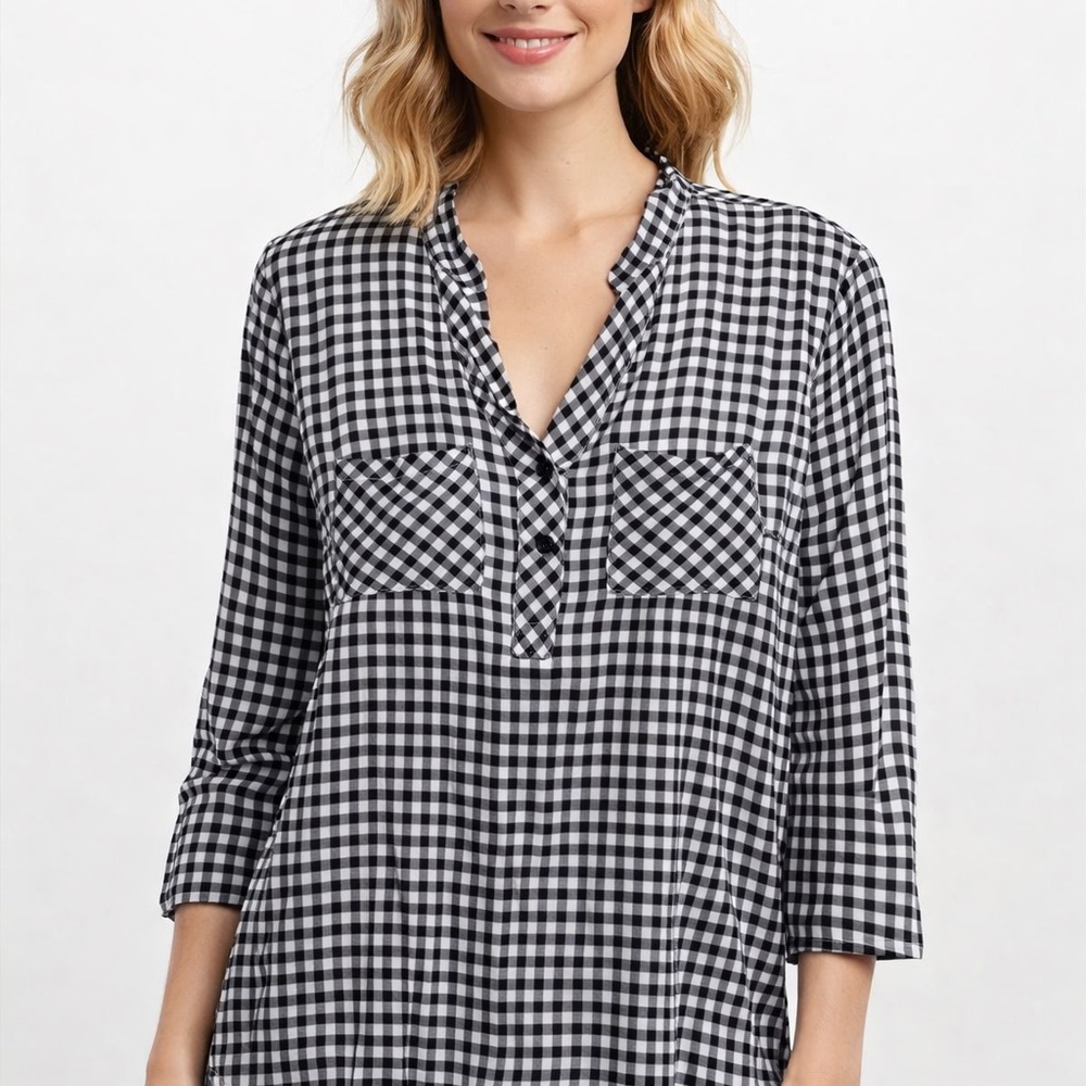 CheckOut Black & White Gingham Blouse | V-Neck 3/4 Sleeve | Size M